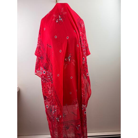 Seed Heritage Red Navy Bandana Scarf/Wrap Shawl Floral Around Neck Raw Hem - Picture 2 of 4